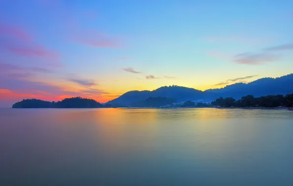 Sea, the sky, clouds, sunset, mountains