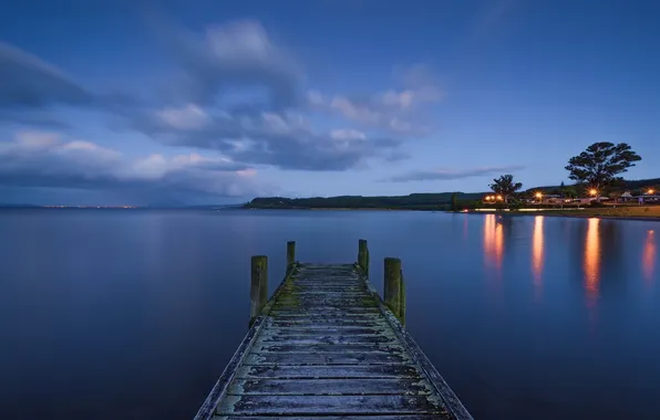 Landscape, night, bridge, lake