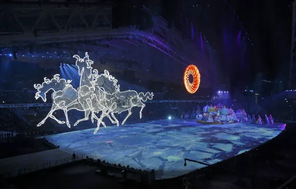 Picture the sun, the city, magic, mechanism, horses, ice, horse, show
