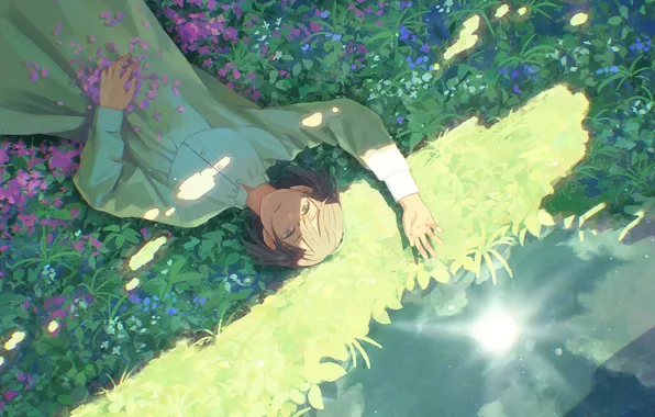 The sky, water, girl, the sun, flowers, reflection
