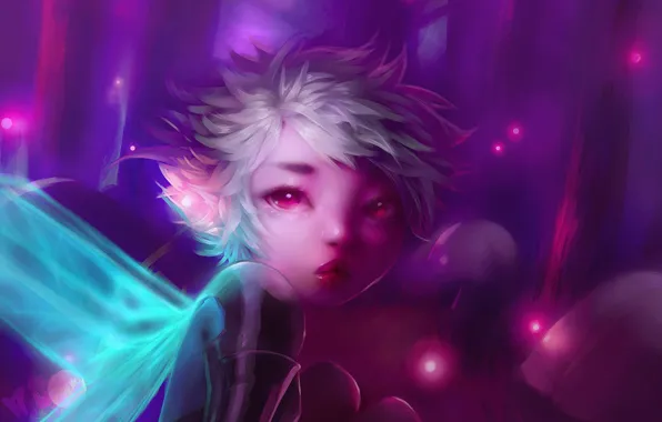 Forest, girl, night, fireflies, fairy