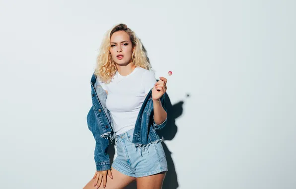 Girl, shorts, woman, young, blonde, cute, jacket, denim