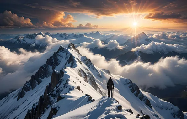 The sun, snow, mountains, tops, people, greatness