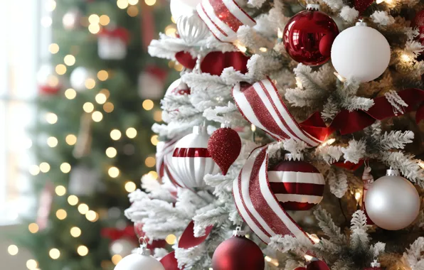 Balls, Christmas, red, New year, tree, white, herringbone, elegant