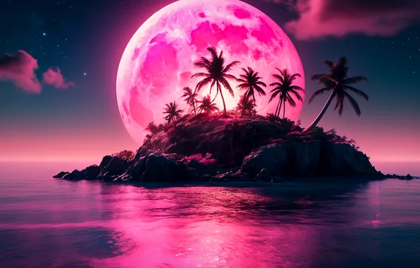 Stars, reflection, night, palm trees, the ocean, the moon, island, starry sky