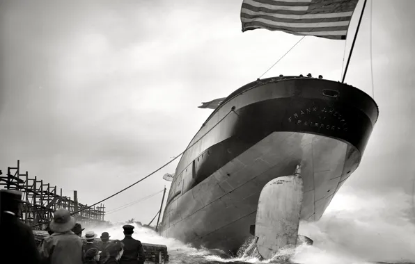 Picture retro, ship, flag, USA, launching