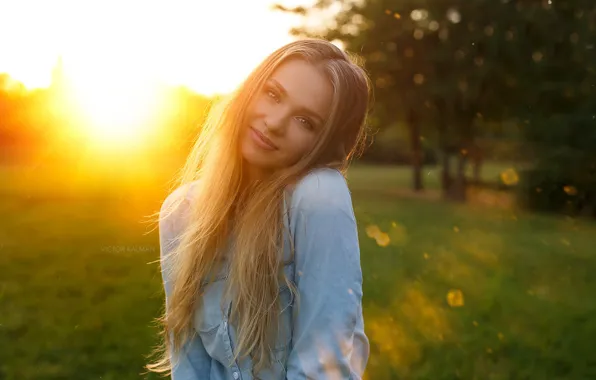 Picture grass, look, the sun, trees, background, model, portrait, makeup