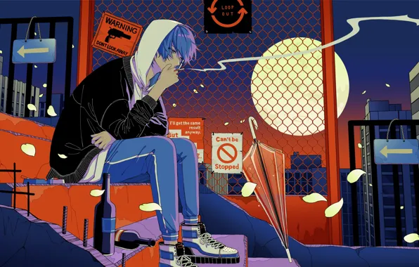 Night, umbrella, ladder, guy, smokes, Vocaloid, Shion Kaito