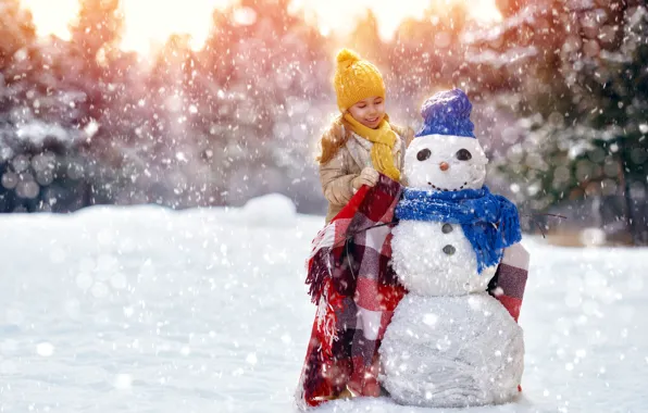 Picture winter, hat, child, scarf, girl, snowman, girl, plaid