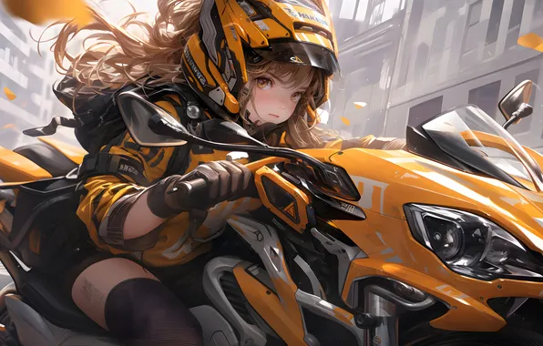 Anime, Bike, Motorcycle, Anime Girl, AI Art, AI generated, Yellow motorcycle