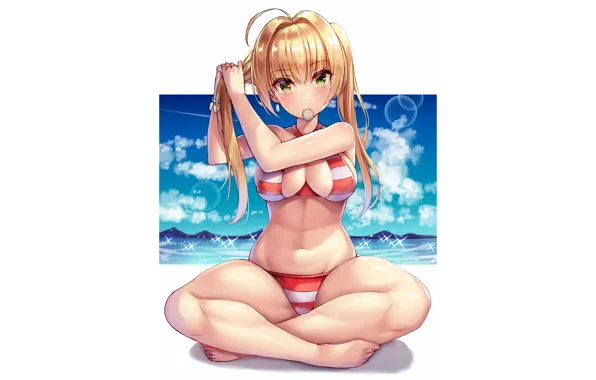 Girl, sexy, cleavage, green eyes, long hair, boobs, anime, beautiful