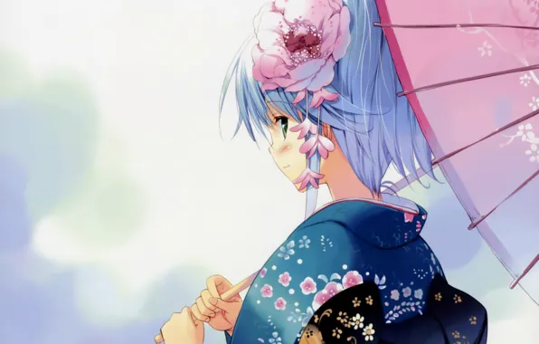 Flower, look, umbrella, kimono, blue hair, art, visual novel, ueda ryou