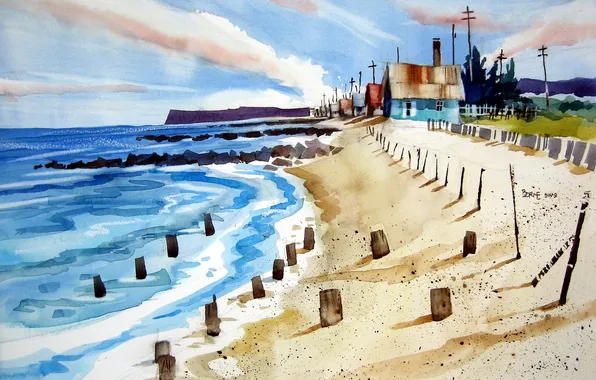 Picture sea, beach, watercolor