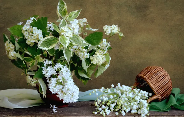 White, basket, bouquet, lilac, Lily of the valley