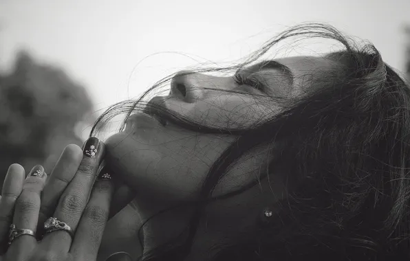Picture girl, face, hair, black and white, ring, hands, profile, manicure
