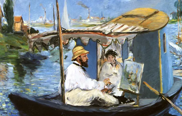 Boat, portrait, picture, artist, Edouard Manet, Claude Monet Combing in His Workshop