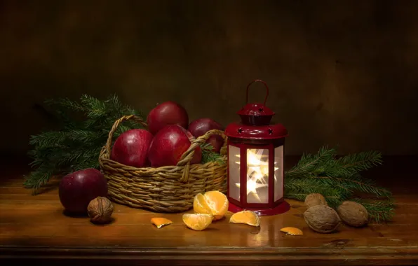 Picture branches, apples, spruce, lantern, fruit, nuts, still life, basket