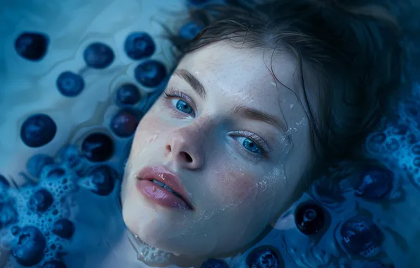 Look, water, girl, face, pose, berries, portrait, blueberries