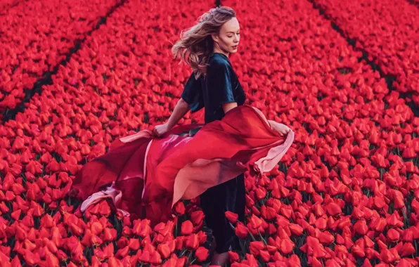 Field, girl, flowers, pose, hair, tulips, Kristina Makeeva