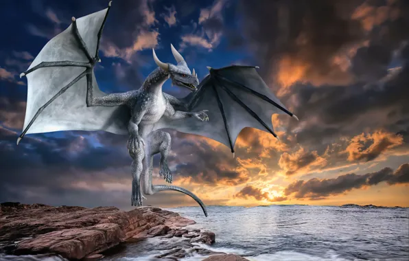 Picture sea, water, clouds, sunset, dragon, horns, horns, sea