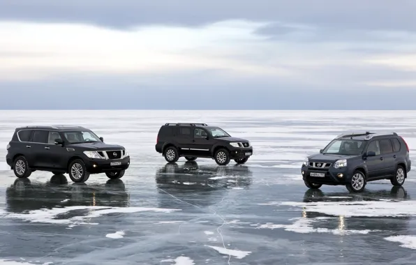 Picture the sky, snow, lake, ice, Baikal, jeep, Nissan, SUV