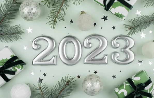 Balls, figures, gifts, New year, needles, date, Christmas decorations, 2023