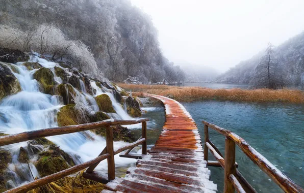 Winter, bridge, nature, lakes, Croatia, Plitvice