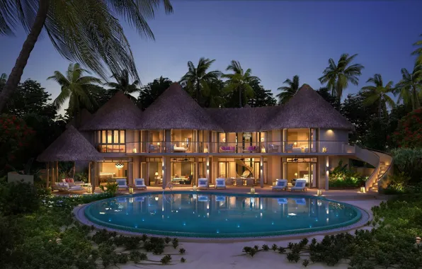 Palm trees, Villa, the evening, pool, The Maldives, resort, Maldives, Resort Nautilus