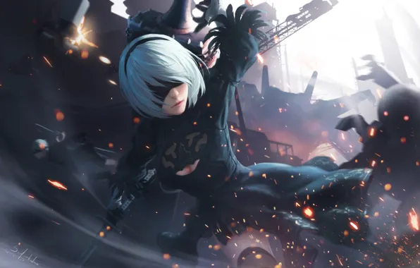 Girl, Figure, Sparks, Android, Art, Nier, Illustration, Characters