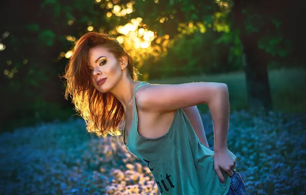 Grass, look, the sun, trees, flowers, model, portrait, jeans