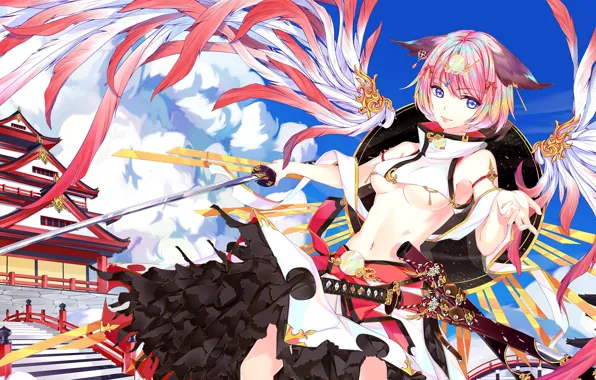 Girl, Castle, Feathers, Sword, Anime, Art
