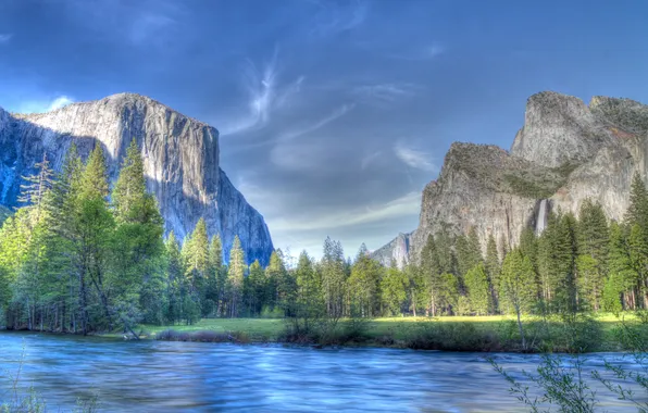 Picture the sky, trees, mountains, lake, river, hdr