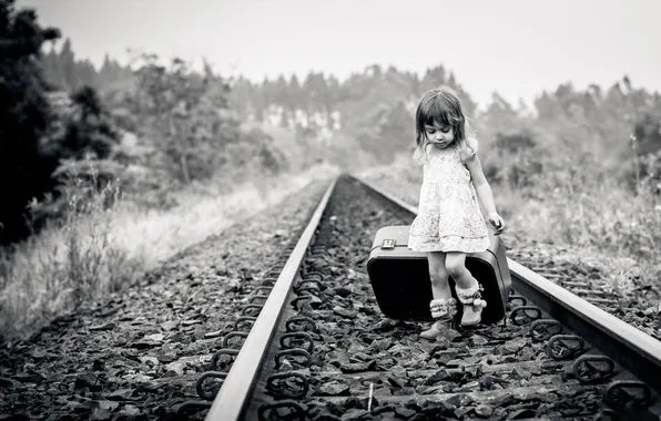 Road, photo, rails, child, girl, iron, black and white, suitcase