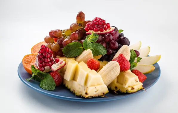 Berries, orange, strawberry, grapes, fruit, pineapple, banana, garnet