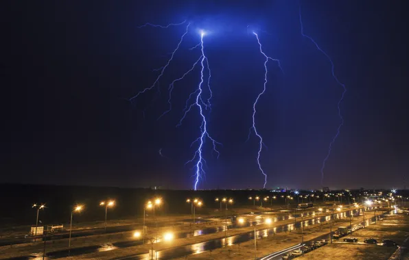 The storm, autumn, night, lights, rain, lightning, The city, beautiful