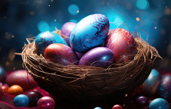 Balls, the dark background, holiday, bright, Shine, eggs, spring, blue