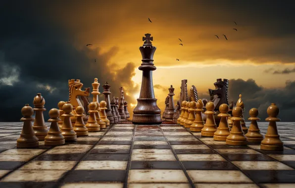 The sky, sunset, birds, clouds, chess, chess Board, king, the battlefield