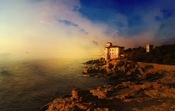 Sea, clouds, castle, ship, Italy, Tuscany, Livorno