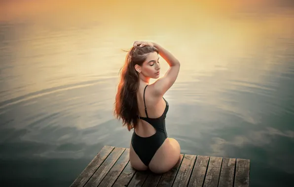 Swimsuit, ass, ass, water, girl, pose, river, figure
