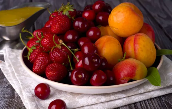 Strawberry, cherry, apricots