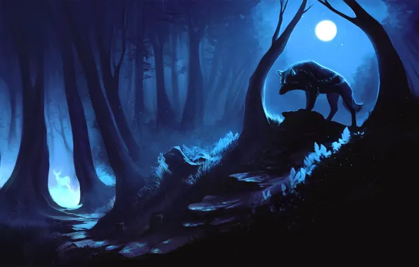 Forest, night, wolf, deer, the spirit of the forest