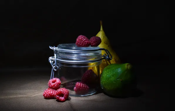 Glass, berries, raspberry, the dark background, Bank, pear, fruit, still life