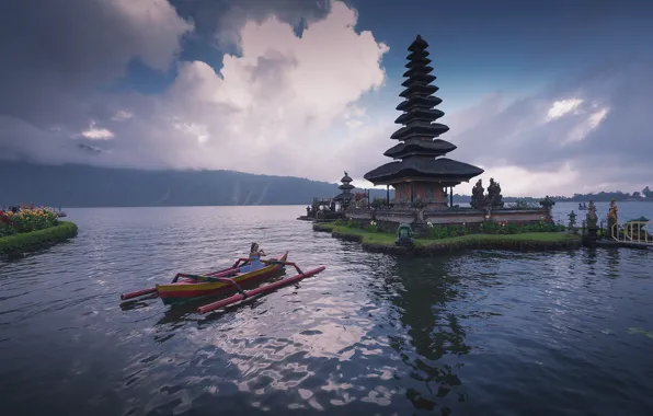 Clouds, landscape, lake, boat, Bali, Indonesia, temple, Pura Ulun Danu