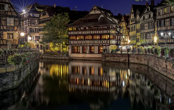 Flowers, reflection, France, building, channel, night city, Strasbourg, France