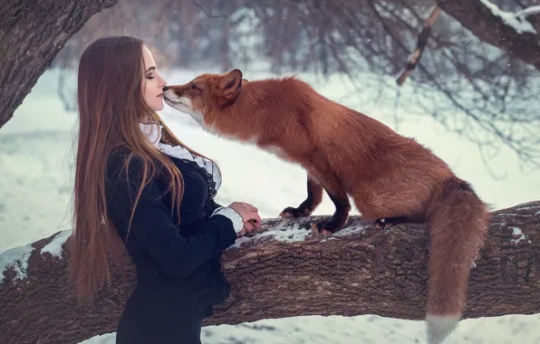 Girl, tree, the situation, kiss, Fox, red, long hair, Sergei Grablev