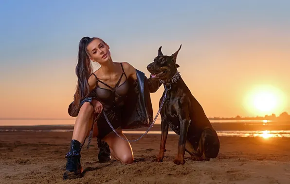 Picture sand, beach, look, girl, sunset, pose, river, dog