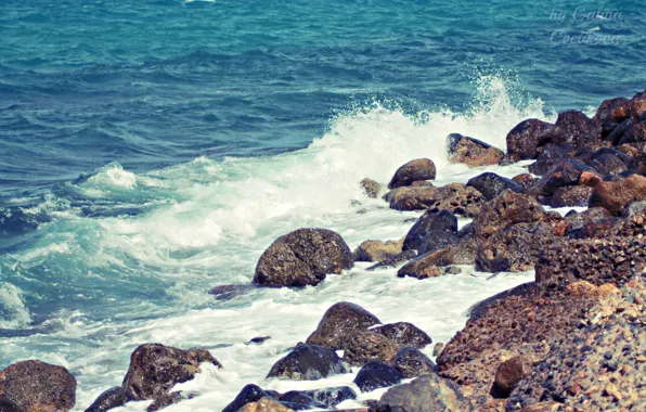 Sea, wave, stones, blue, Greece, Crete