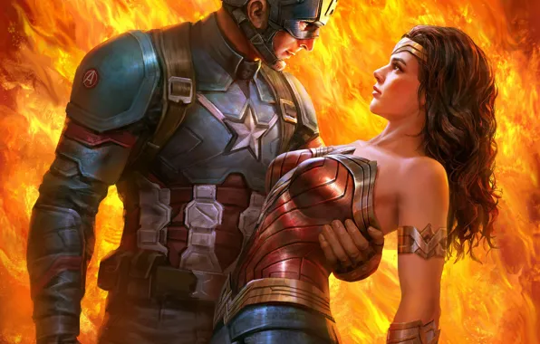 Fire, flame, fantasy, Wonder Woman, Marvel, couple, comics, Captain America