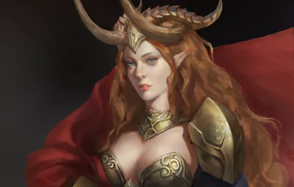 Look, girl, armor, art, horns, armor, red hair