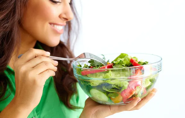 Picture woman, fork, tomato, lettuce, salad